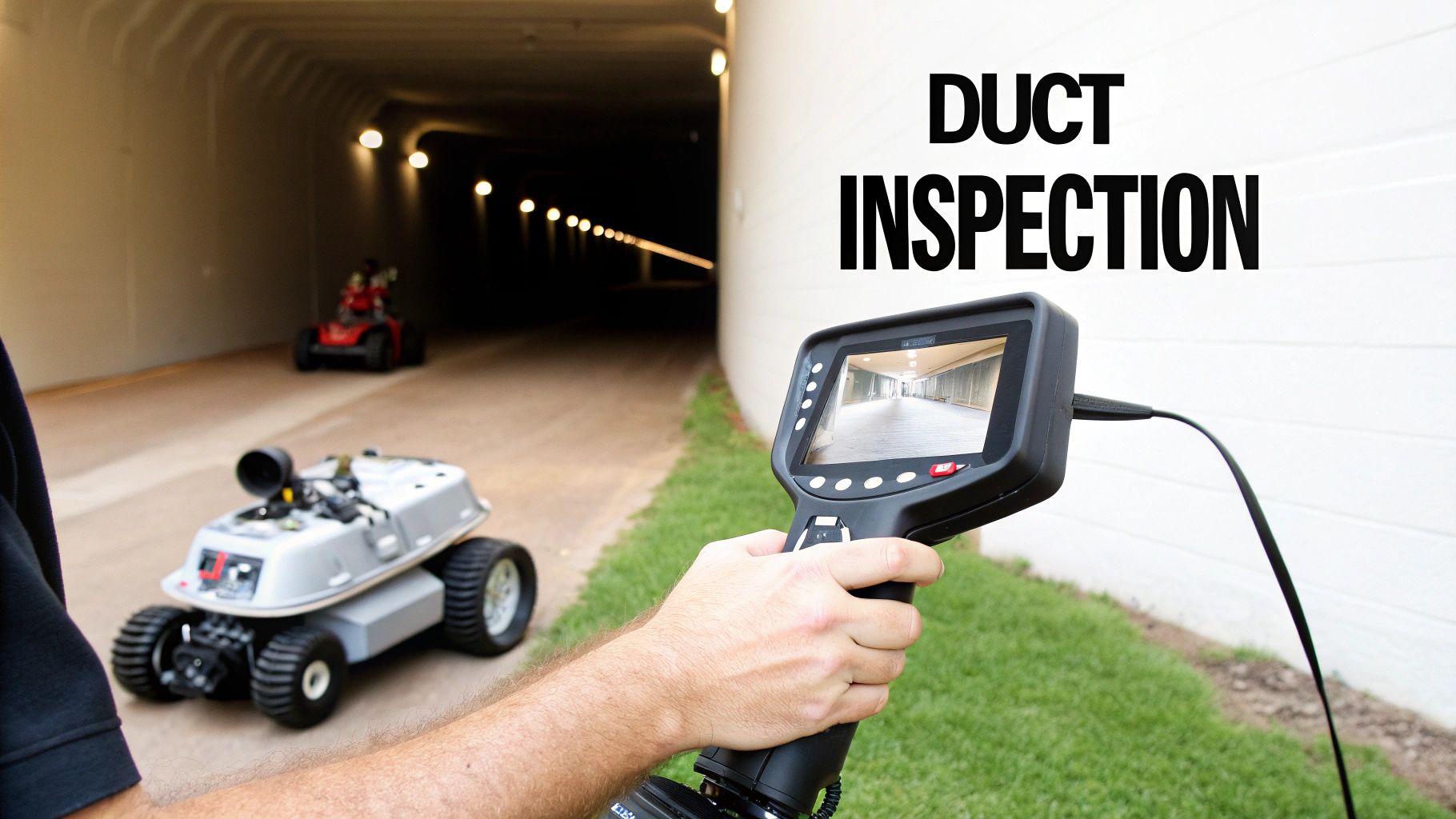 A small robotic camera inspecting the inside of a residential air duct, displaying the view on a technician's tablet.