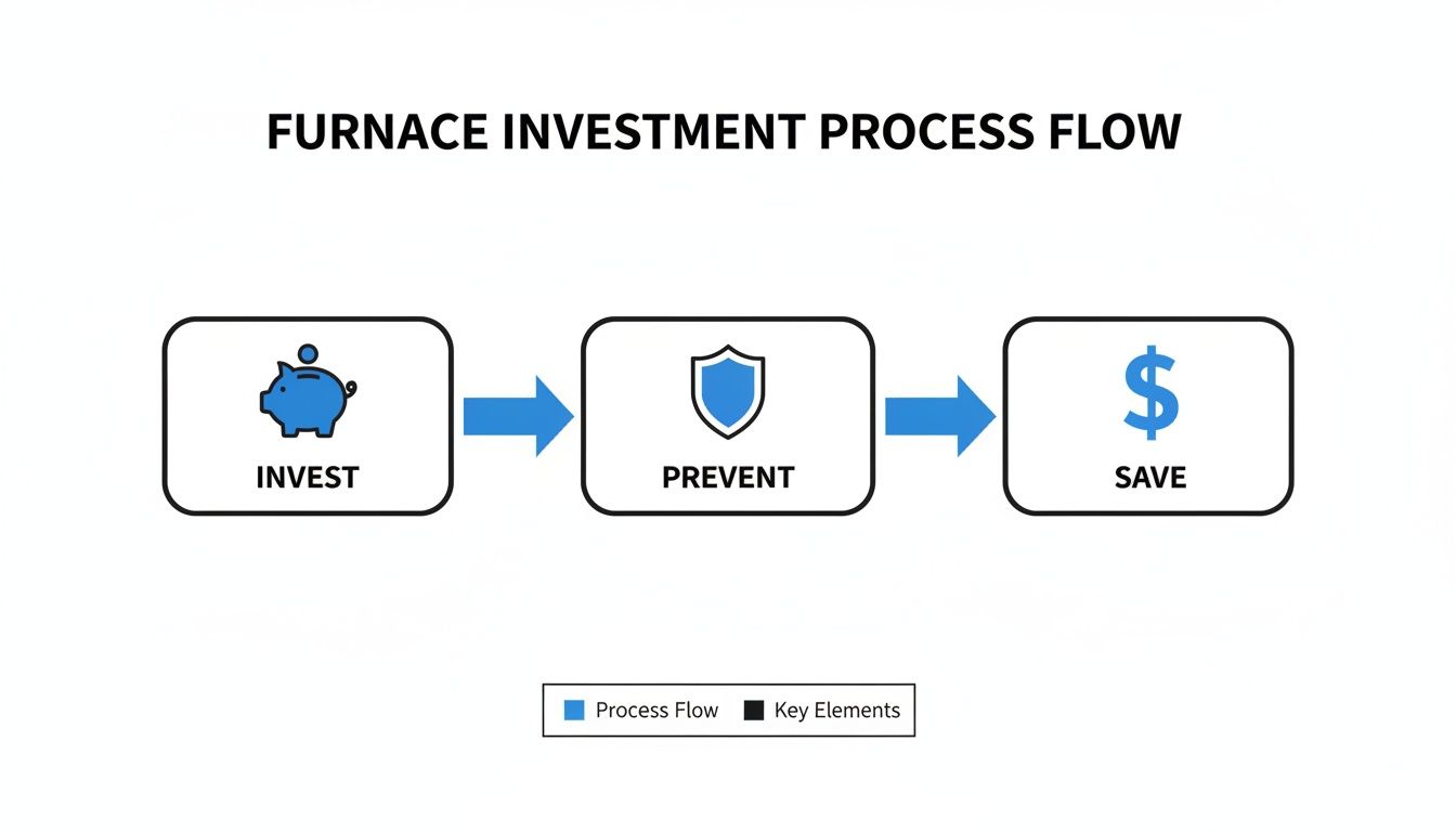 A process flow diagram illustrating furnace investment leading to prevention and financial savings.