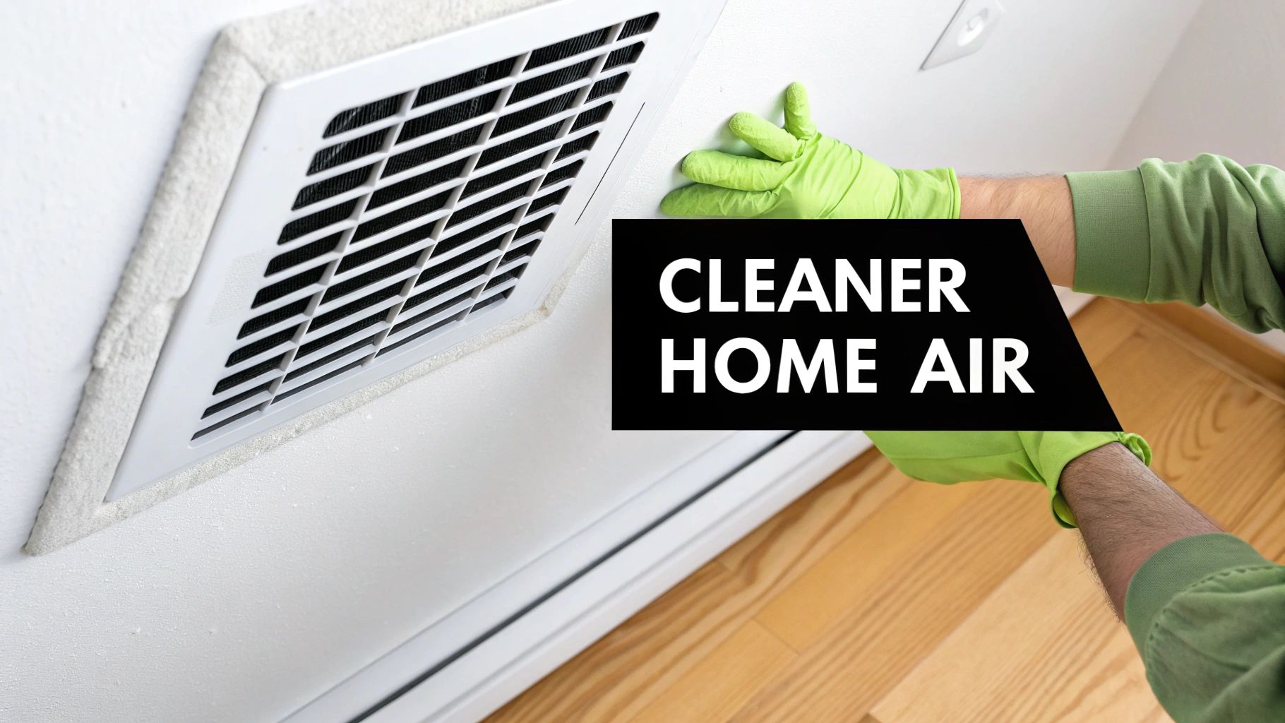 Person in green gloves cleaning a dusty white air vent, promoting cleaner home air.