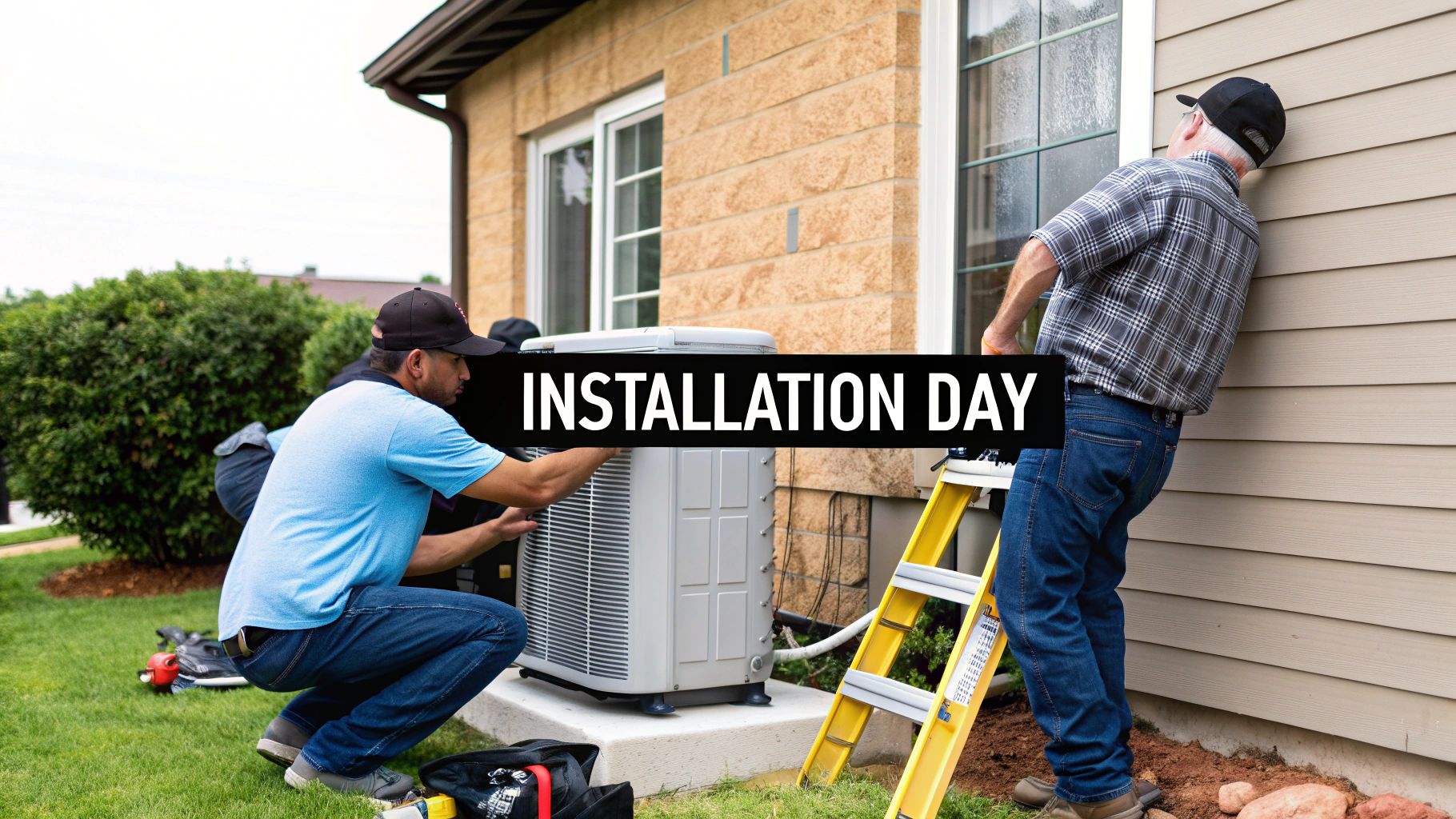 Your Guide to Air Conditioning Replacement Cost in Canada 3 Two technicians are installing an outdoor air conditioning unit next to a house on installation day.