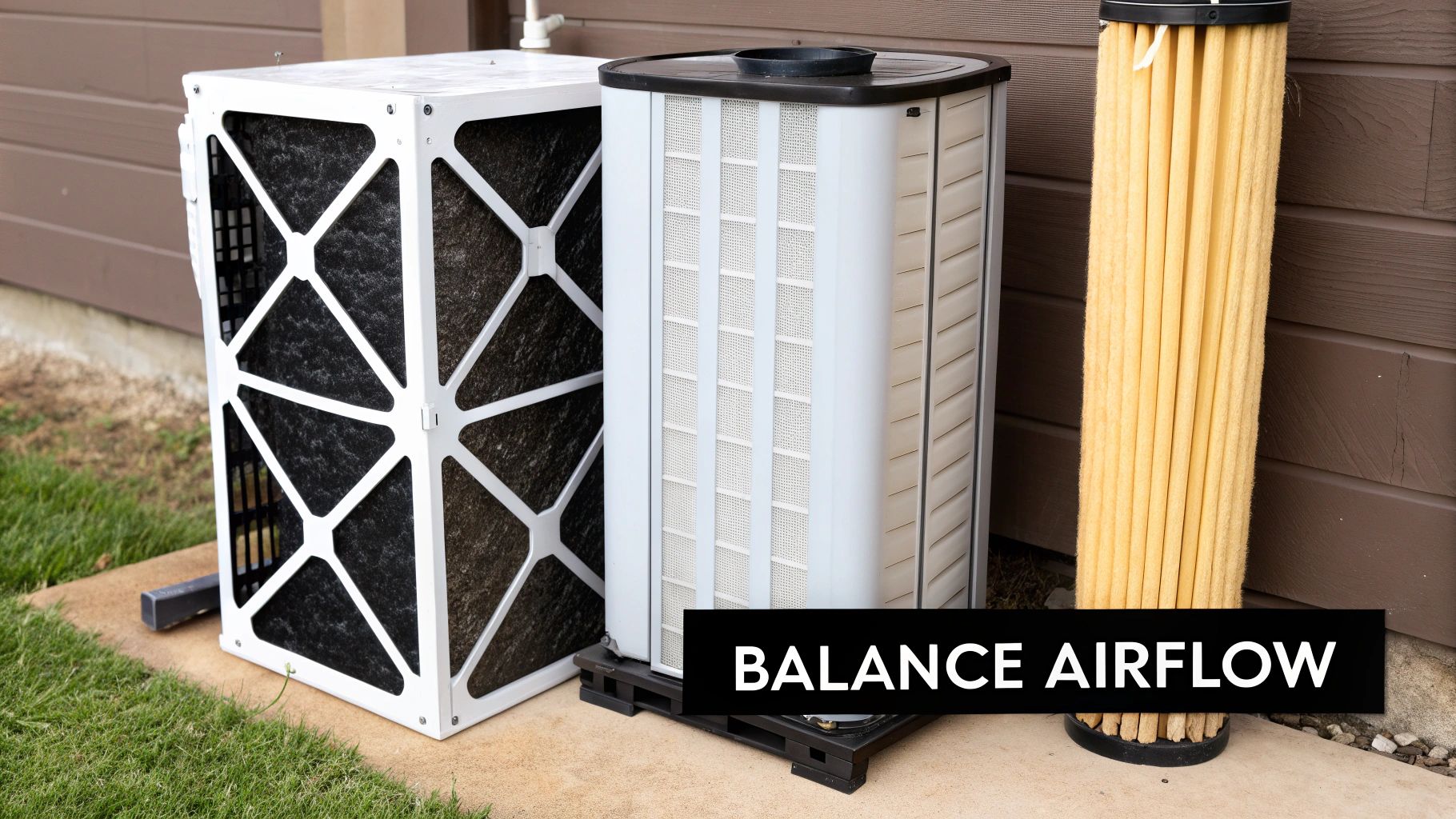 An old dirty furnace filter, an outdoor HVAC unit, and a new clean air filter outside a house.