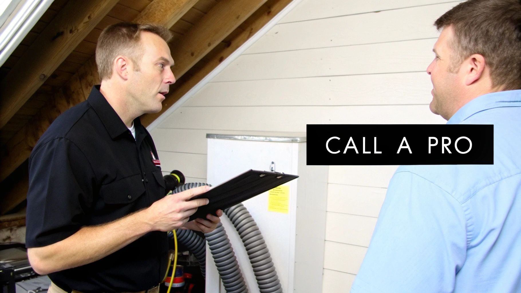 A professional duct cleaning technician in uniform using specialized vacuum equipment to clean a residential air duct.