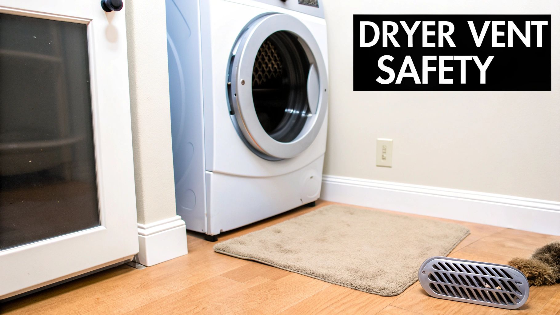 White dryer in laundry room with floor vent highlighting dryer vent safety concerns