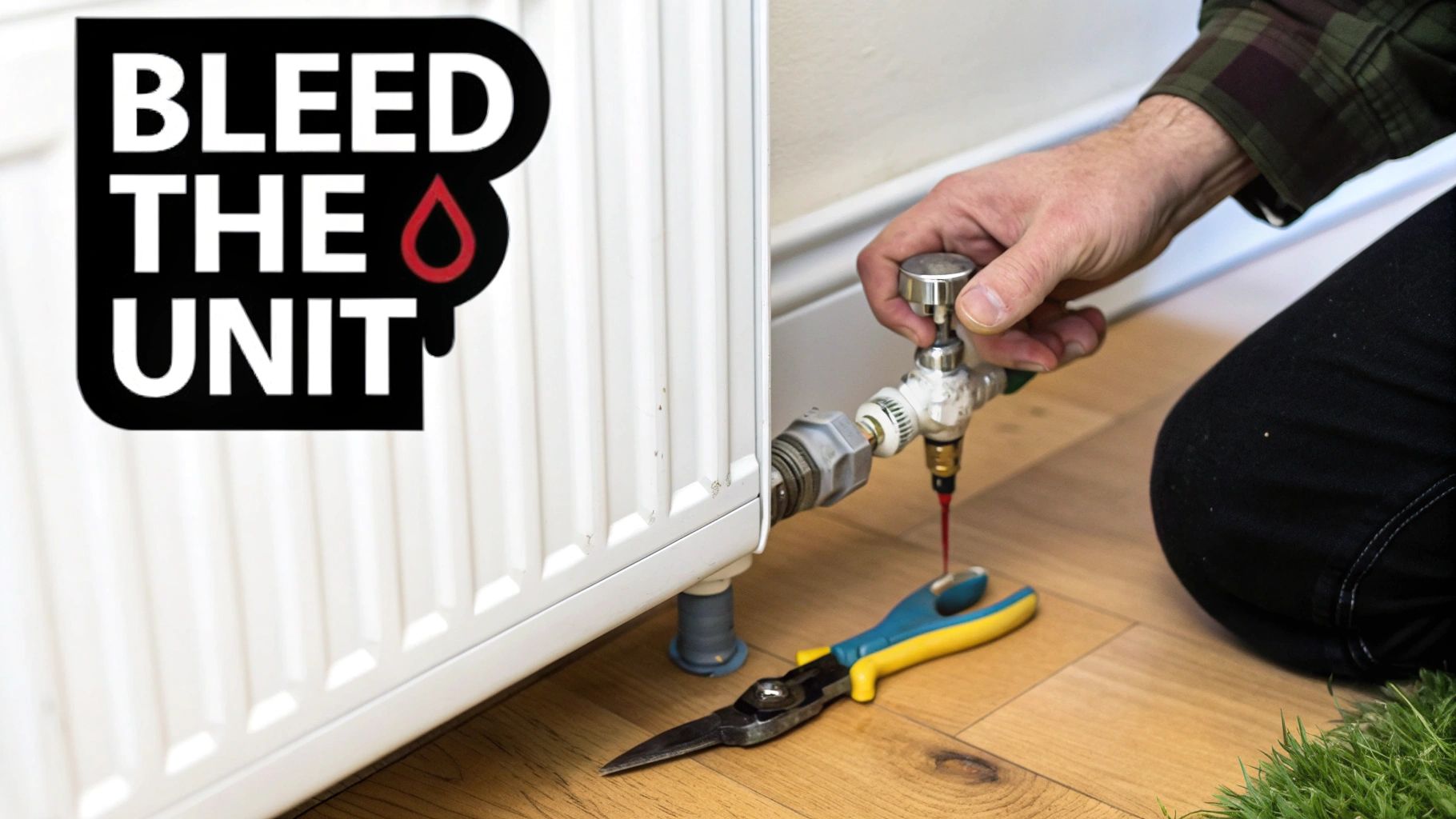 Hot Water Baseboard Heaters: Whisper-Quiet, Efficient Home Heating 3 A person's hand bleeding a white radiator, with red liquid dripping from the valve into a tool.