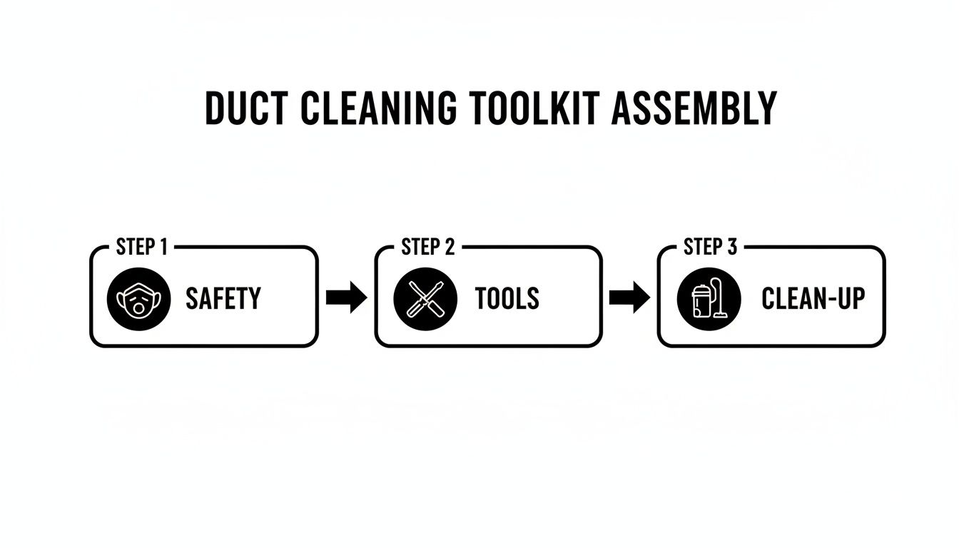 Air Duct Cleaning How To: A Canadian Homeowner's Guide 2 A flowchart outlining the duct cleaning toolkit assembly process: Step 1 Safety (mask), Step 2 Tools, and Step 3 Clean-up (vacuum).