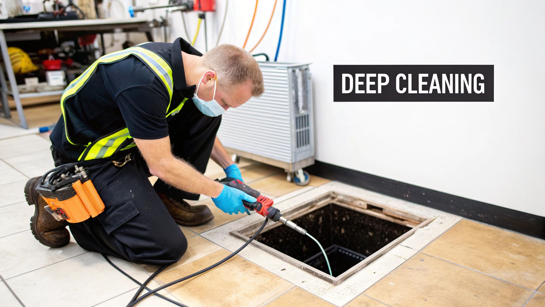 Professional technician cleaning an air duct with specialized equipment.