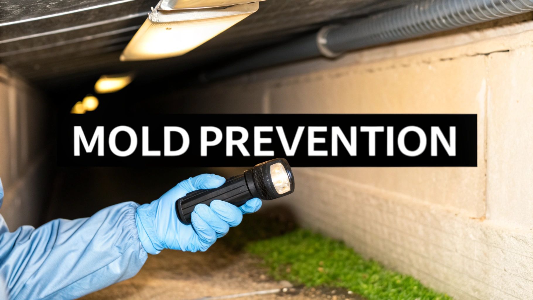 8 Surprising Benefits of Duct Cleaning for Your Canadian Home in 2025 2 Person in blue gloves shines a flashlight, highlighting 'MOLD PREVENTION' in a dark, damp space.