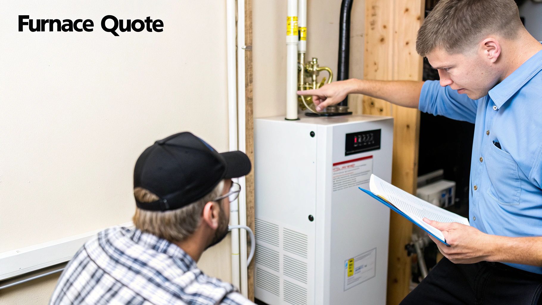 A technician in a blue shirt points to a white furnace while discussing a quote with a customer.