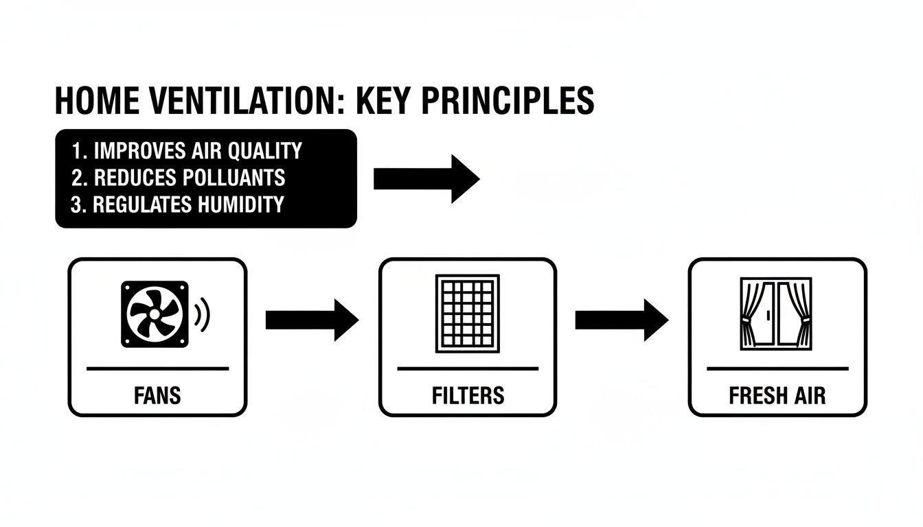 Diagram illustrating home ventilation key principles: fans, filters, and fresh air for improved air quality.