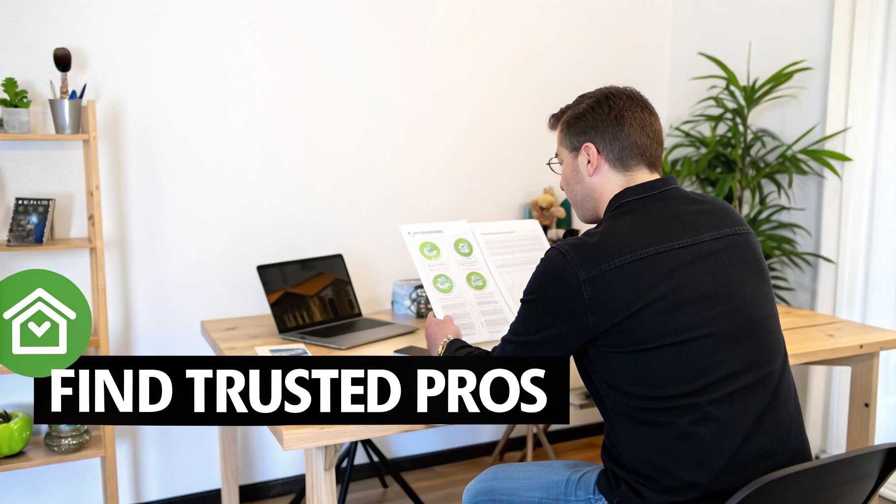 A Canadian Homeowner's Guide to Cleaning Ducts Near Me 2 A man reads a document at a desk with a laptop, surrounded by plants, seeking trusted professionals.