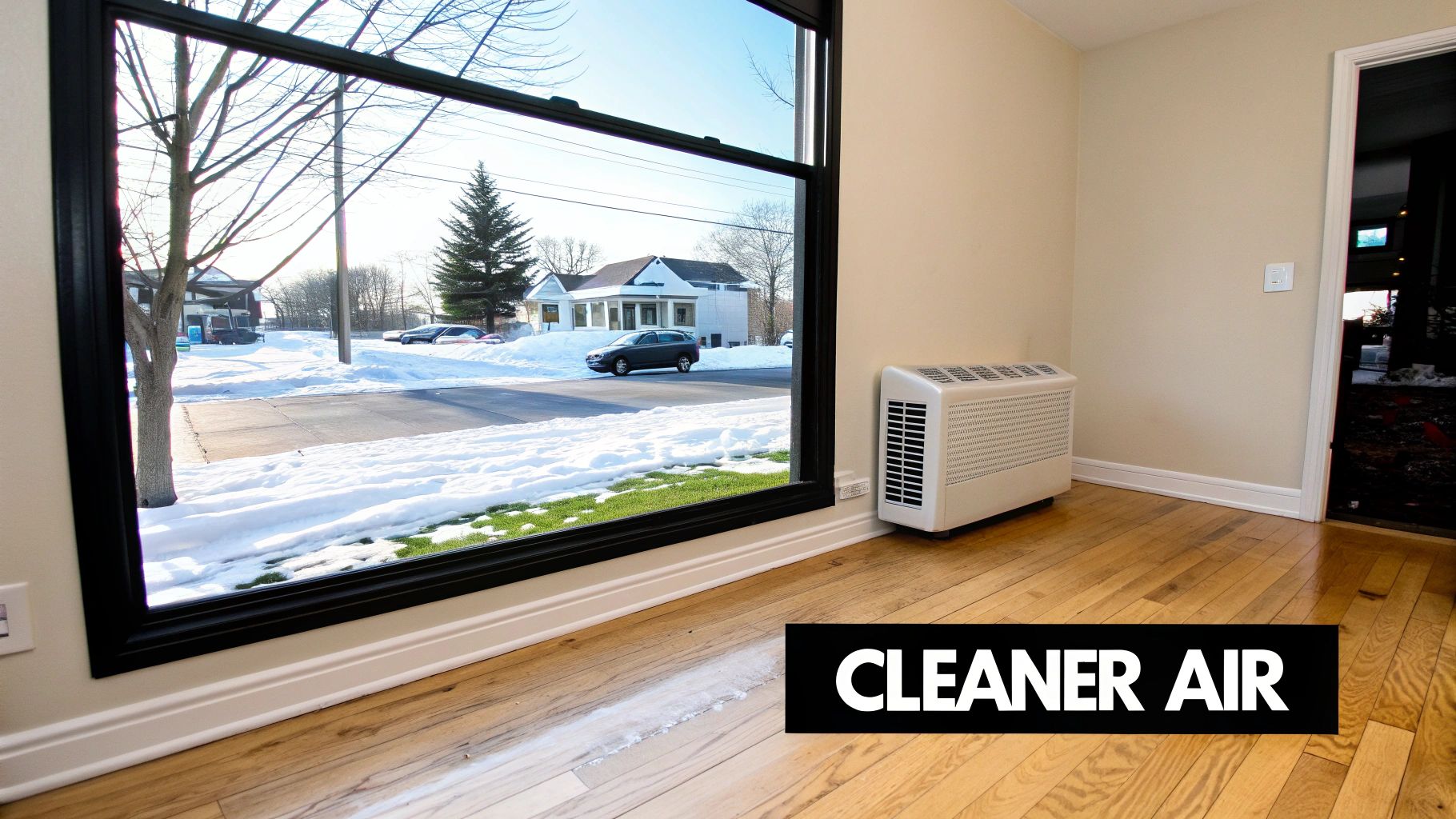 White heating unit on hardwood floor next to a window with snowy street view, text 'CLEANER AIR'.