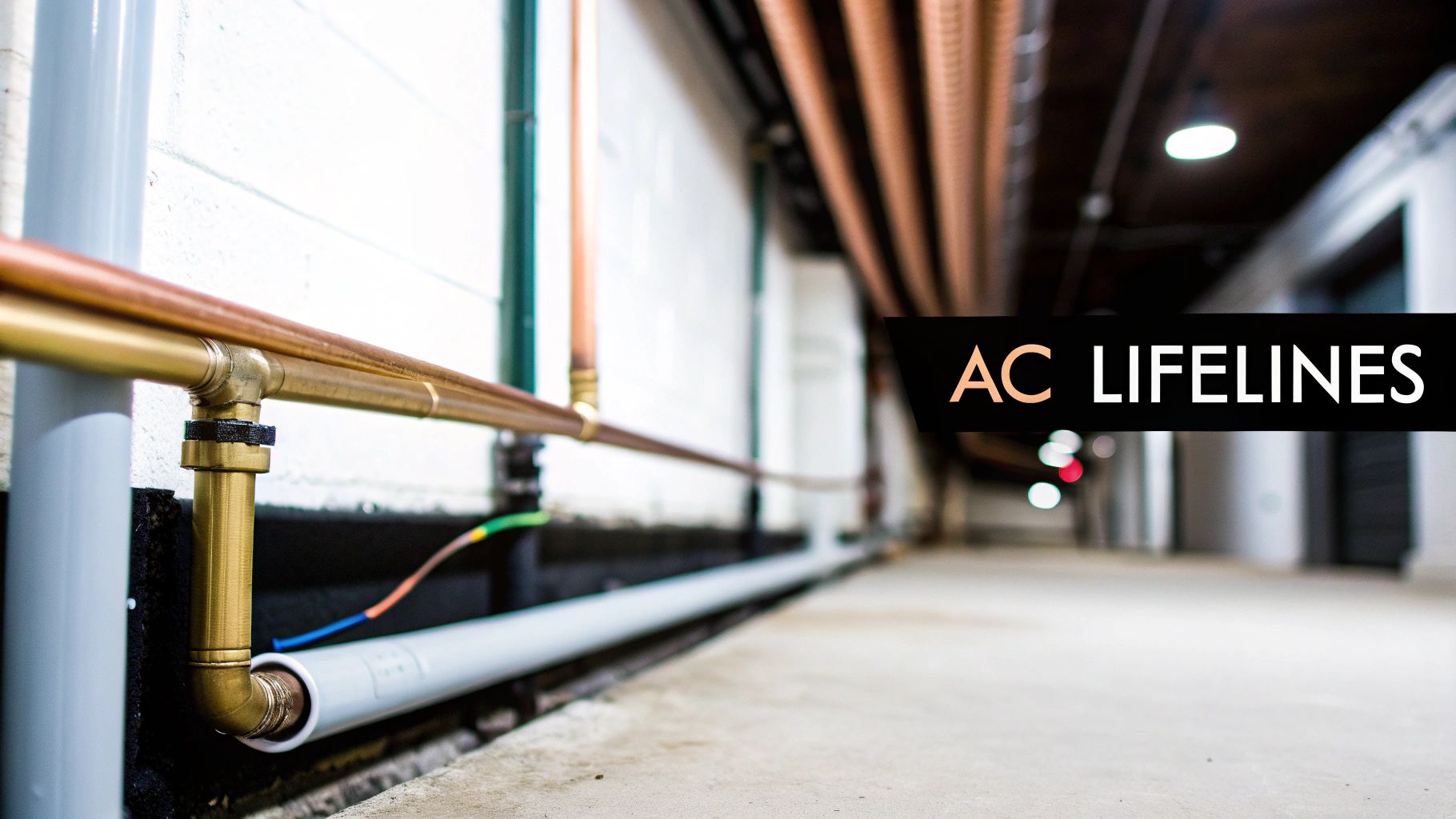 Close-up of copper and grey pipes with colorful wires running along a white wall.