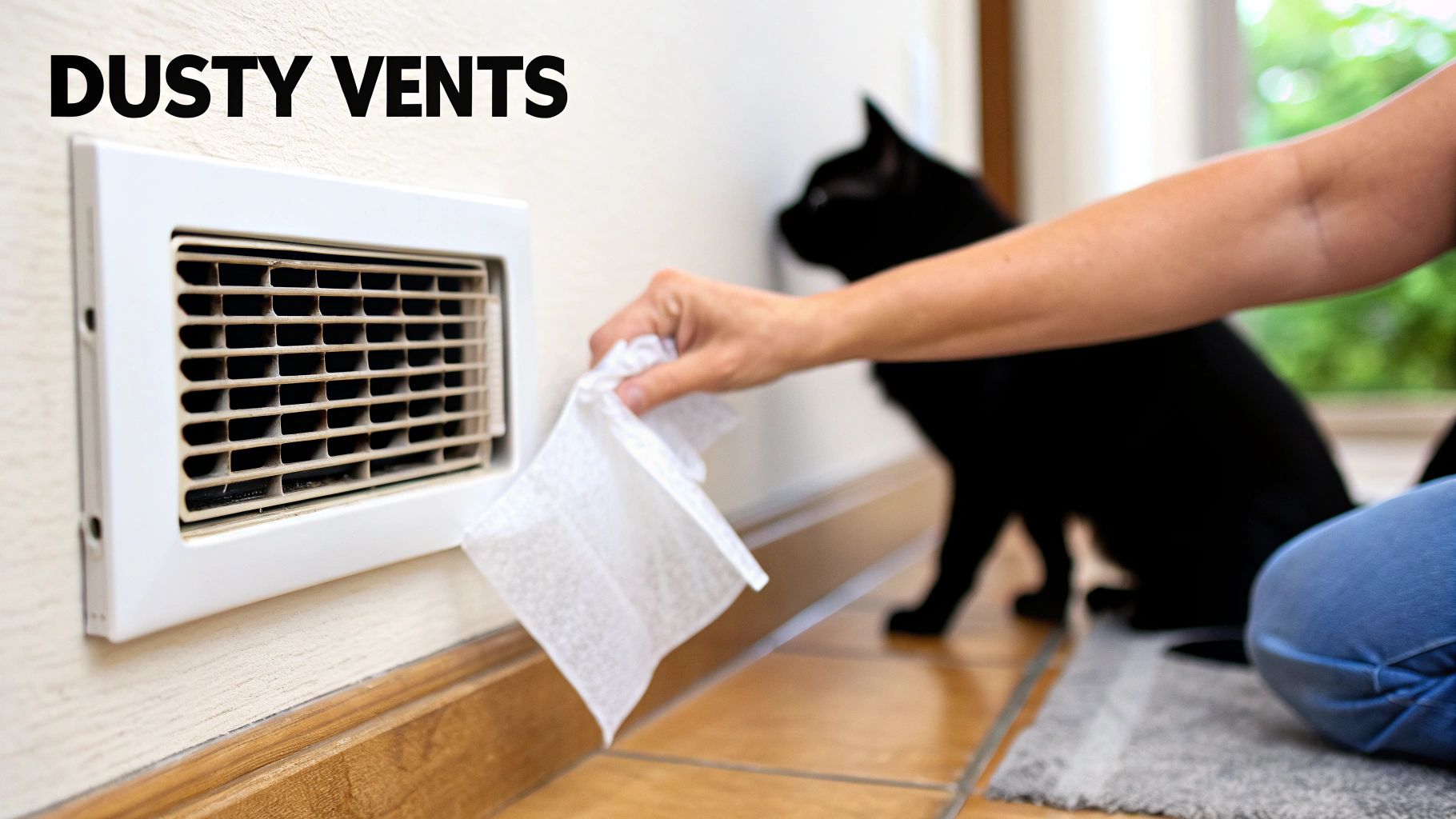 A person's hand cleaning a dusty white vent with a cloth, with a black cat nearby.