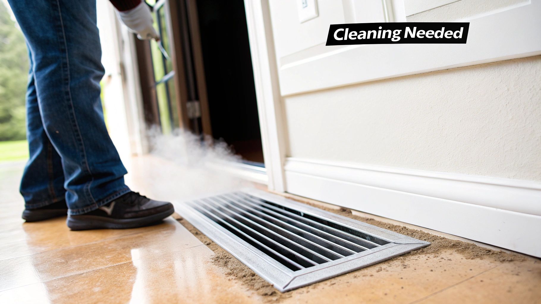 Close-up of a dusty air vent cover, highlighting a clear sign that duct cleaning is needed.