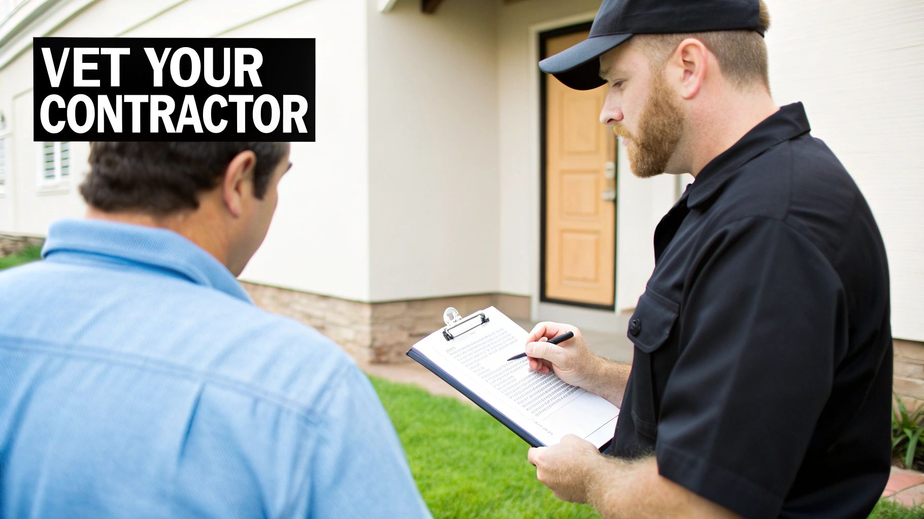 A contractor in a black shirt and cap fills out paperwork on a clipboard for a client outside a house.