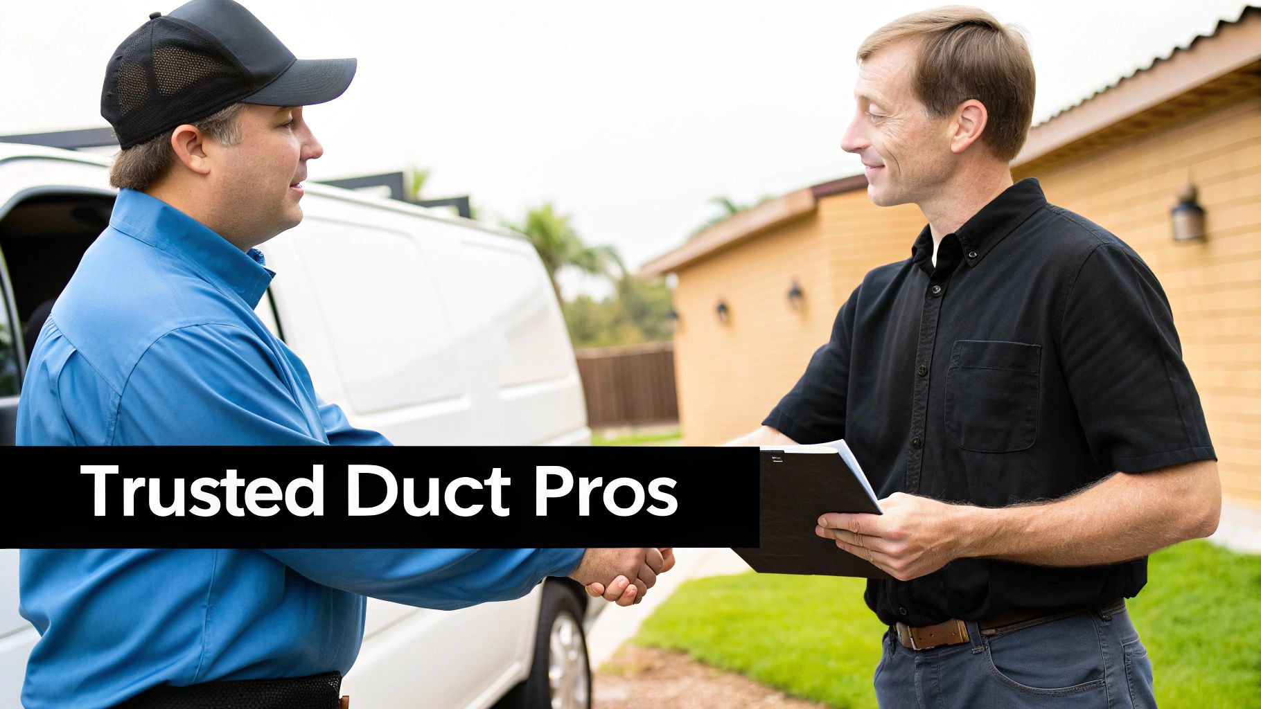 Professional HVAC technician shaking hands with homeowner after completing duct cleaning service
