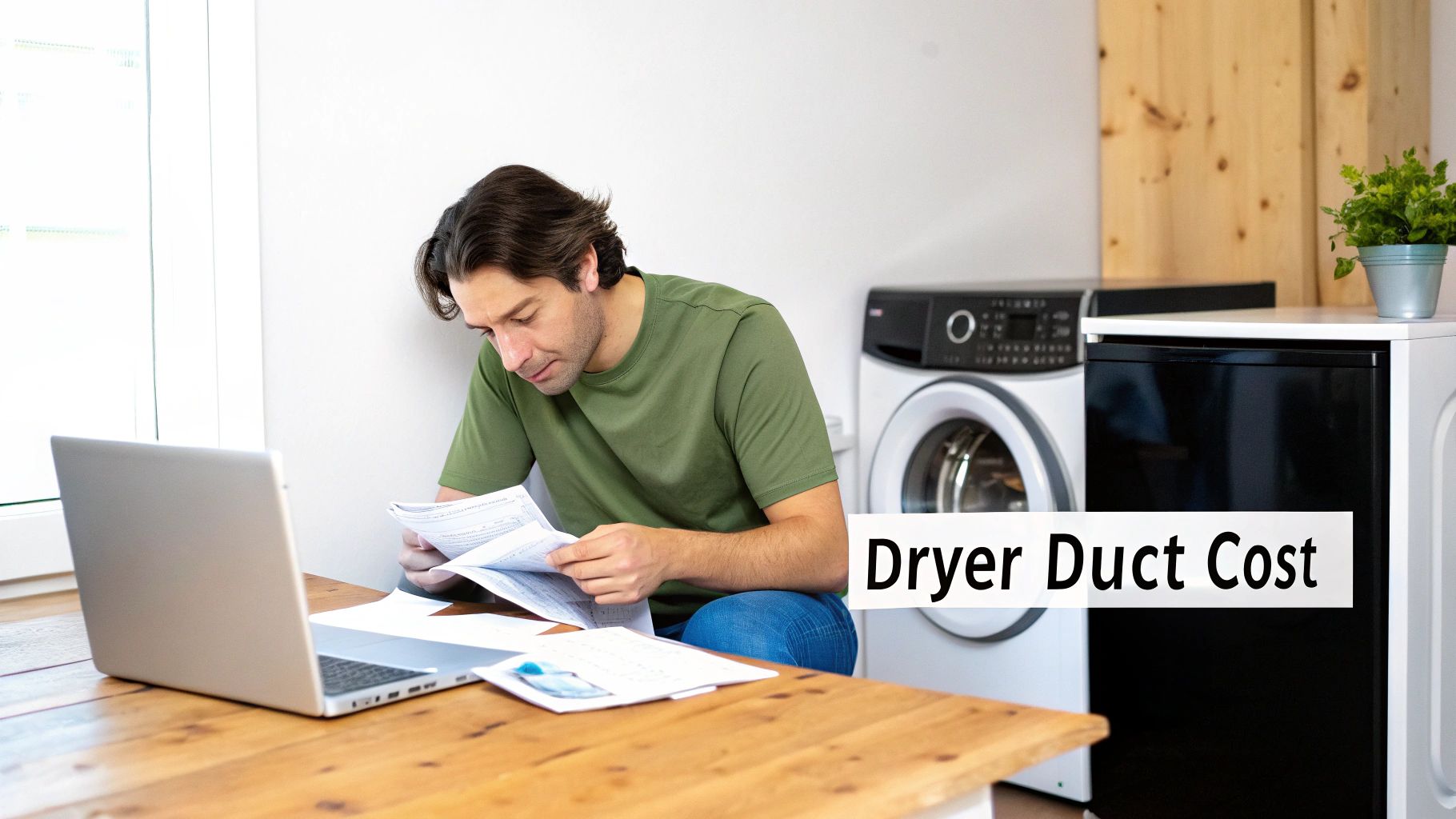 Dryer Duct Cleaning Cost A Complete Canadian Homeowner's Guide 1 Man looking at papers with a laptop and laundry appliances in the background, discussing dryer duct cost.