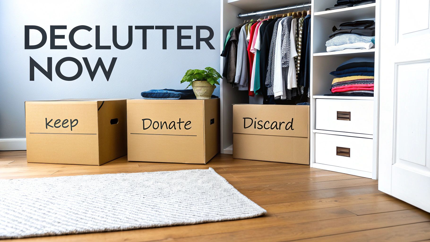 A room organized for decluttering with boxes labeled Keep, Donate, and Discard, next to a closet.