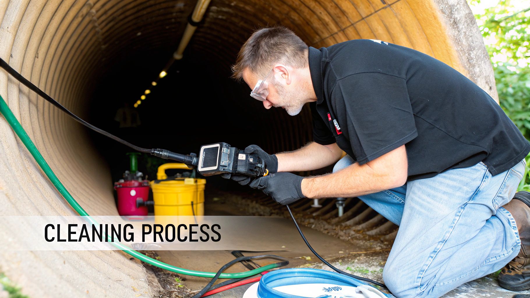 A professional technician using specialized equipment to clean an air duct