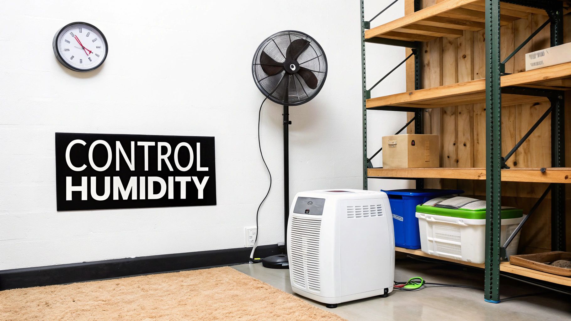 How to Prevent Mold in Basement: A Canadian Homeowner's Guide 2 A room with a 'CONTROL HUMIDITY' sign, a dehumidifier, and a fan.