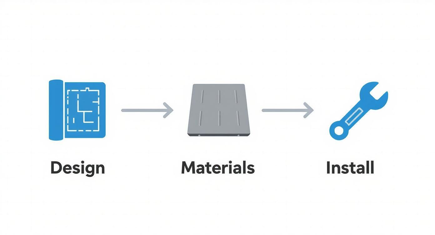 Process diagram illustrating design, materials, and installation steps with blueprint, panel, and wrench icons.