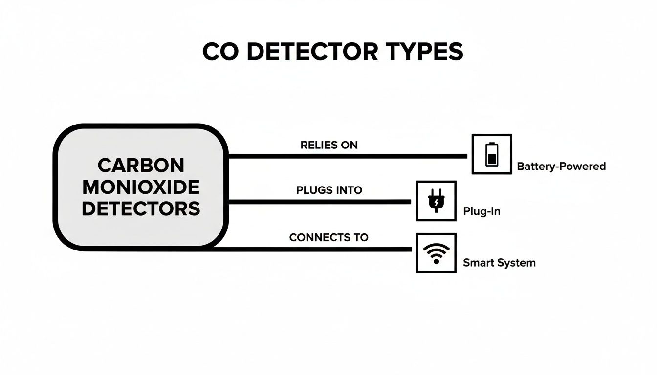 Diagram showing carbon monoxide detector types: battery-powered, plug-in, and smart system options.