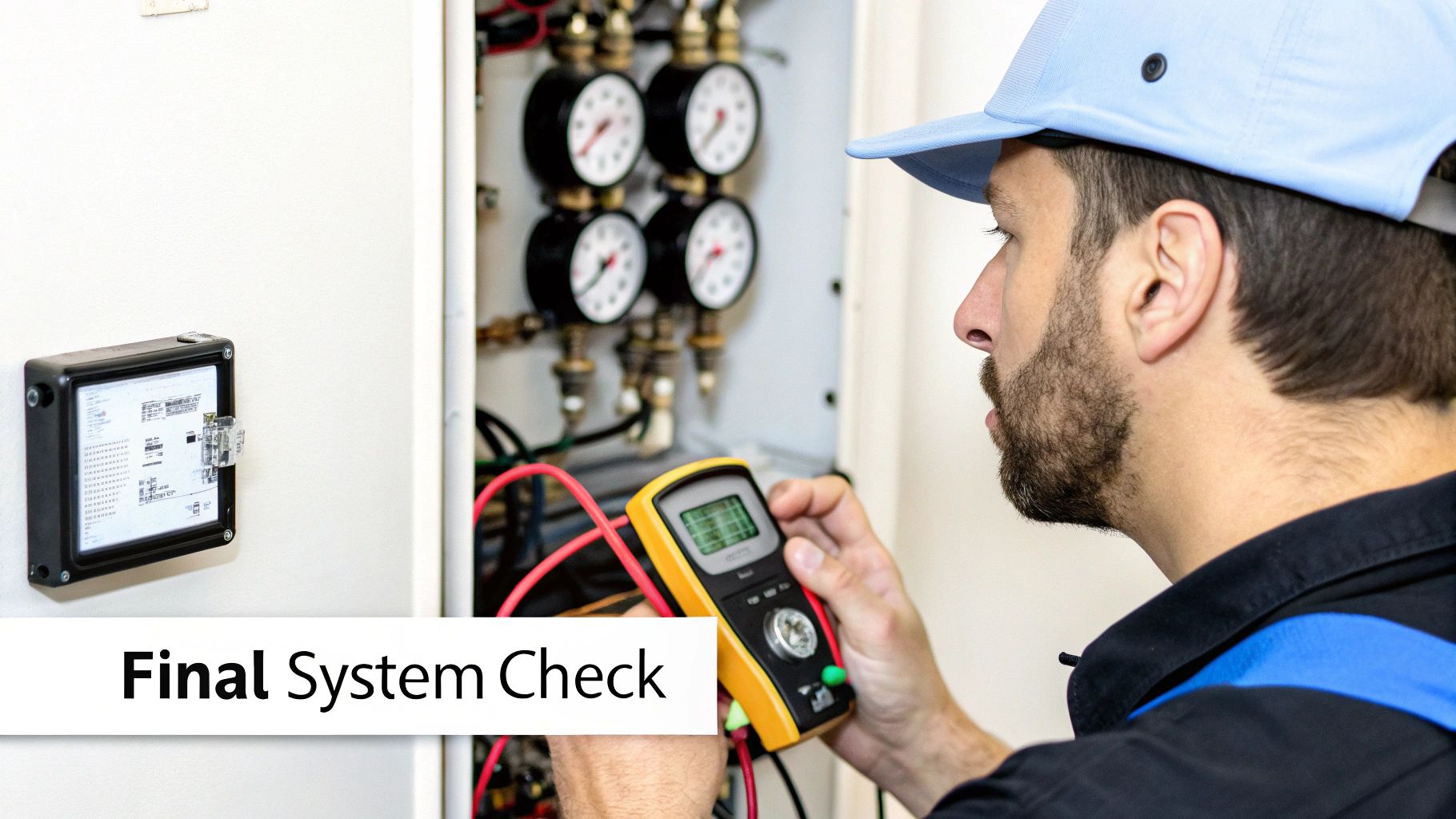 A technician performs final checks on a newly installed furnace.