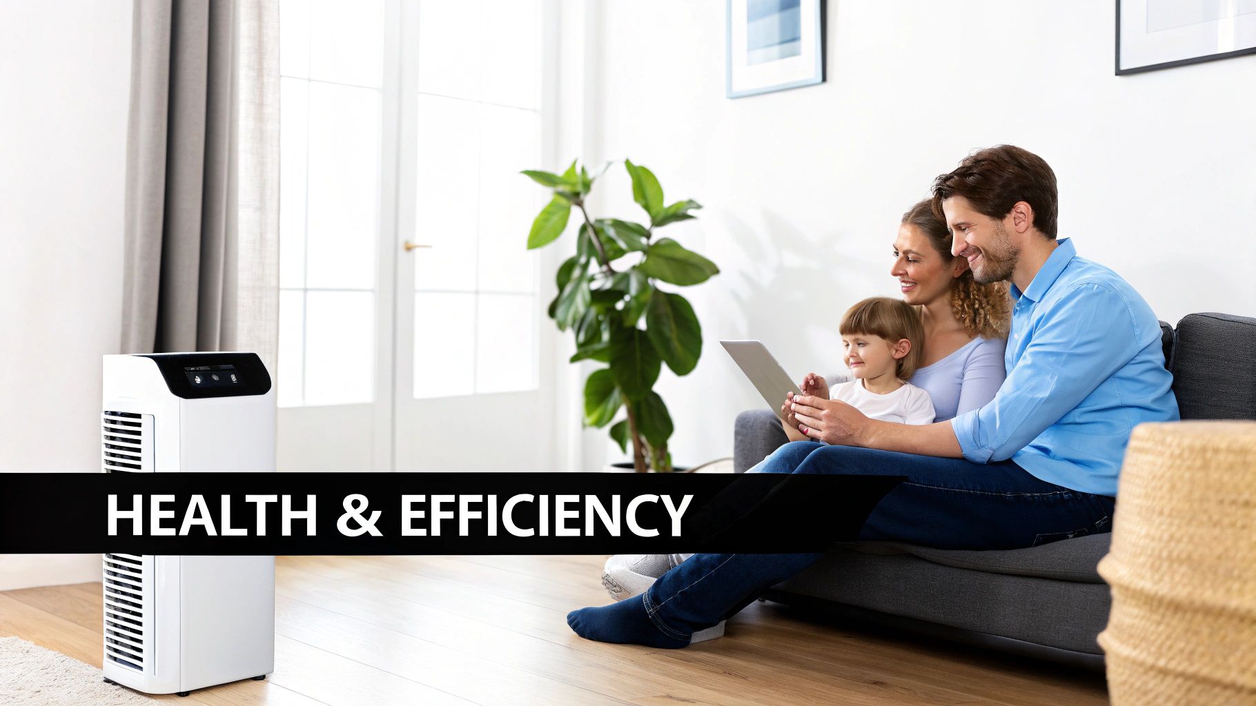 A happy family with a child on a couch uses a tablet in a modern living room with an air purifier.