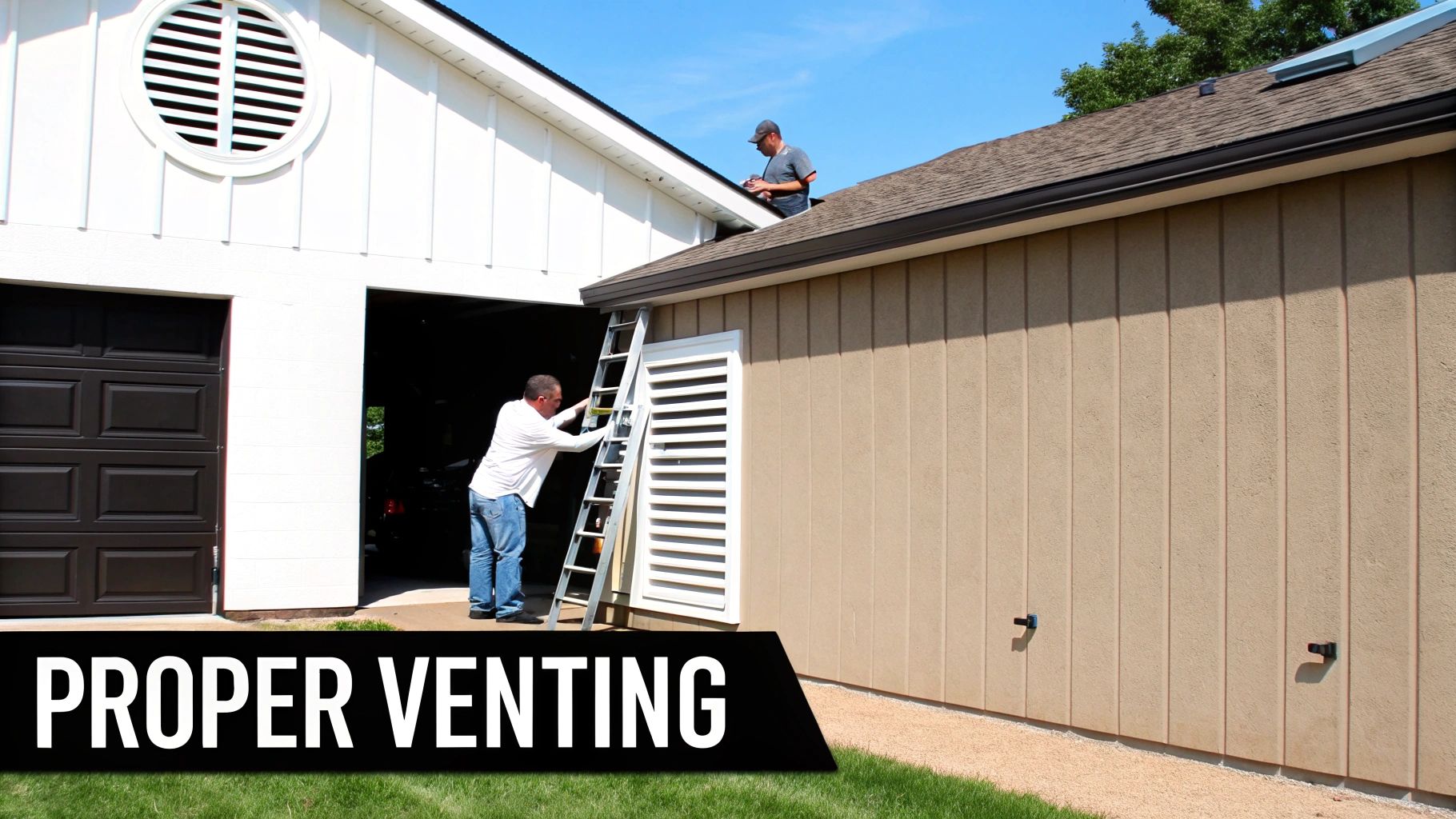 Two men installing or inspecting vents on a building, one on a ladder and one on the roof.