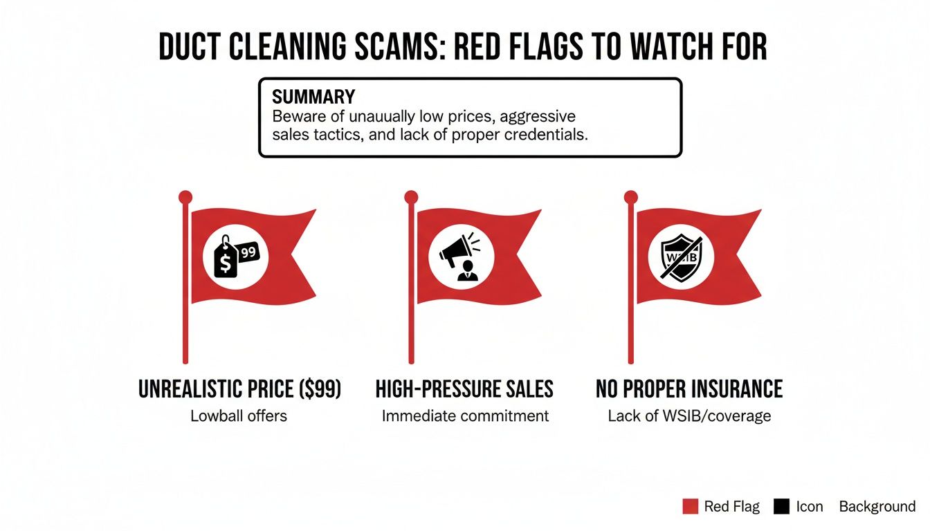 Infographic detailing red flags for duct cleaning scams: unrealistic prices, high-pressure sales, and lack of proper insurance.
