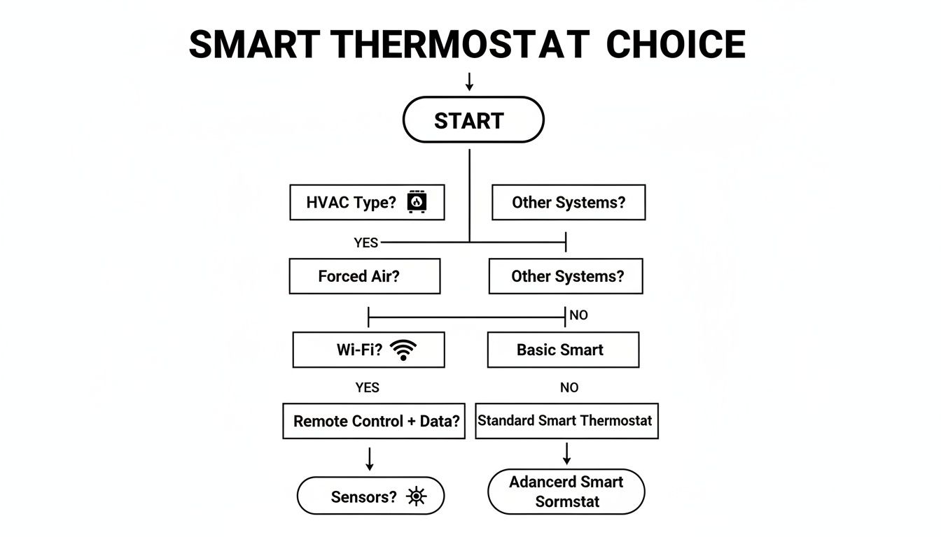 Flowchart illustrating the decision process for selecting a smart thermostat based on system features and connectivity.