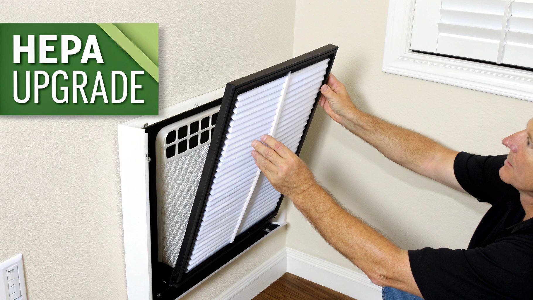 Person installing white HEPA filter into wall-mounted air return vent to improve indoor air quality
