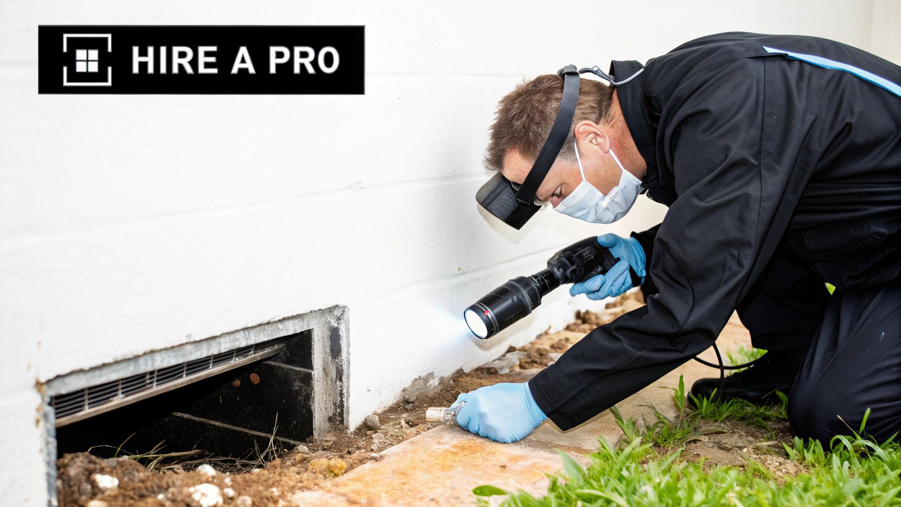 A professional duct cleaner in uniform using specialized equipment on a home's air duct system.