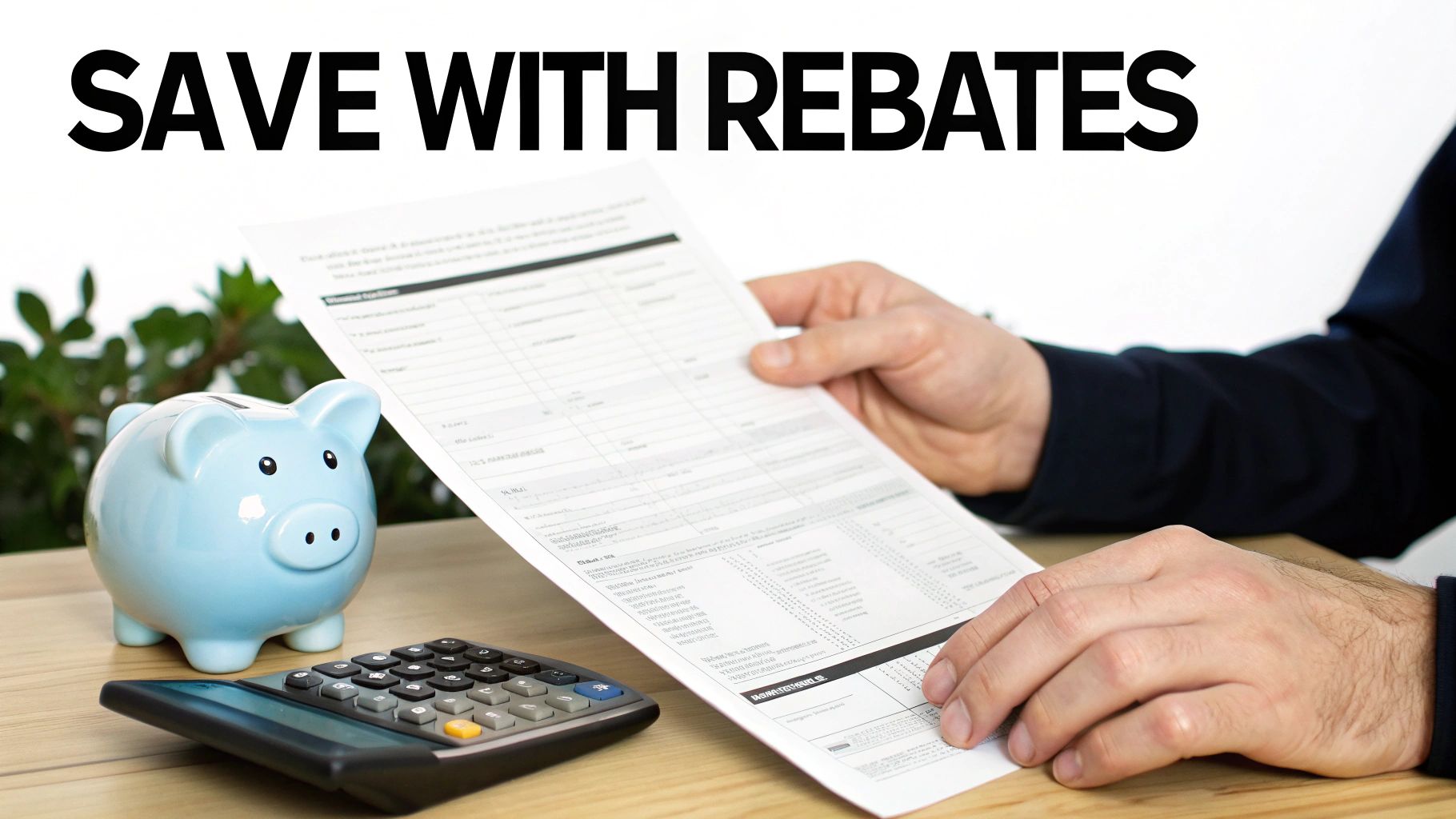 A person holds a rebate form next to a piggy bank and calculator, promoting saving.