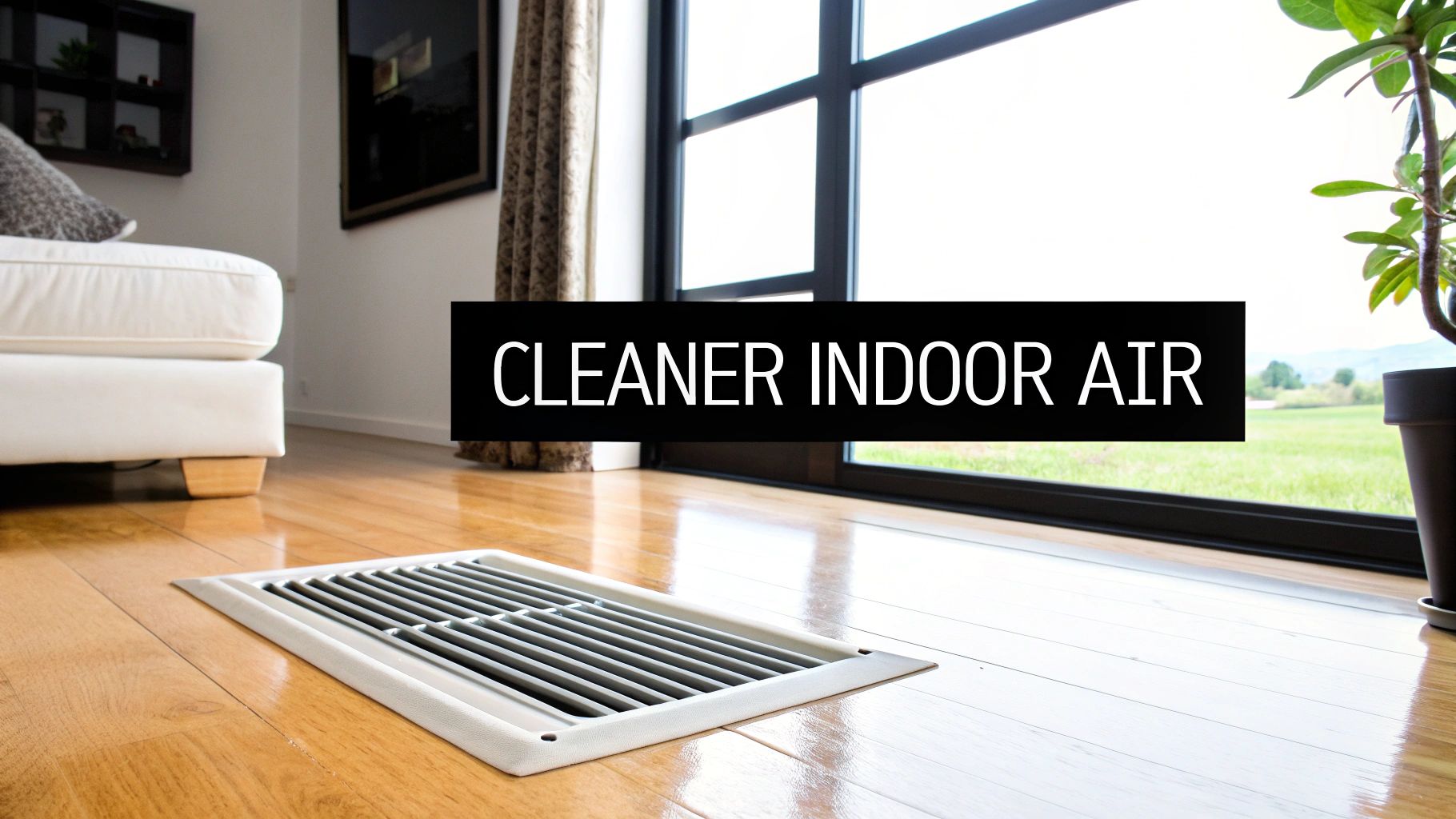 8 Surprising Benefits of Duct Cleaning for Your Canadian Home in 2025 1 A floor vent on a polished wooden floor in a brightly lit room with a large window and "CLEANER INDOOR AIR" text.