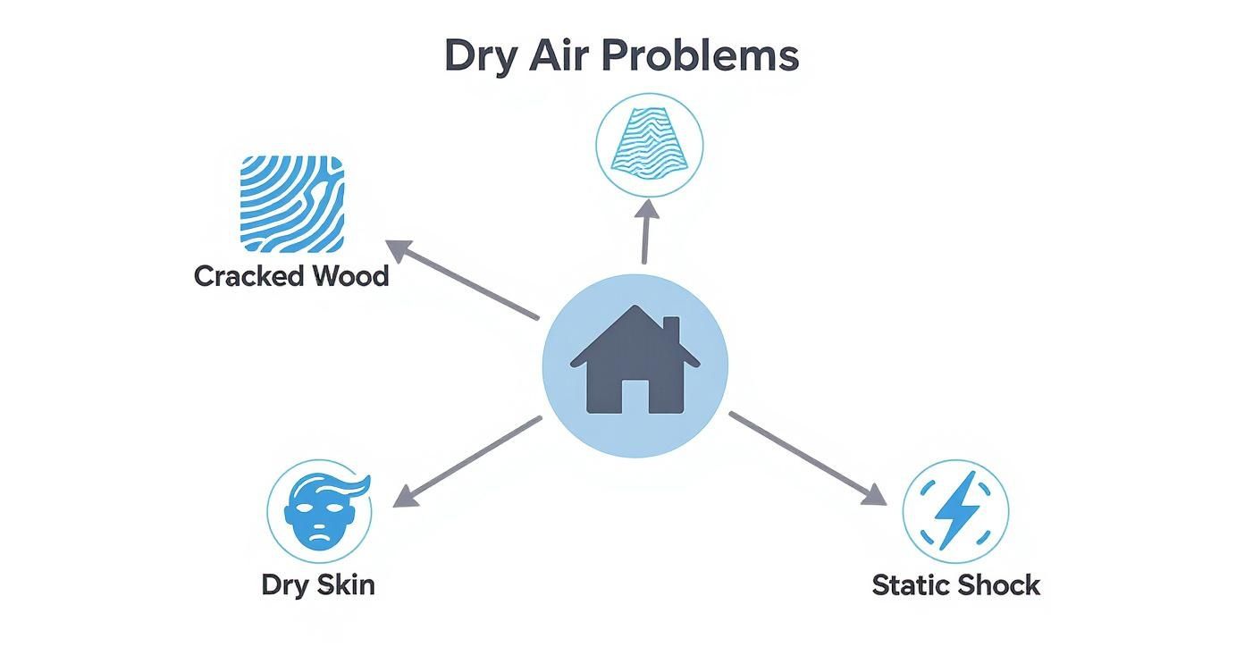 Infographic showing common dry air problems in a home: cracked wood, dry skin, and static shock.