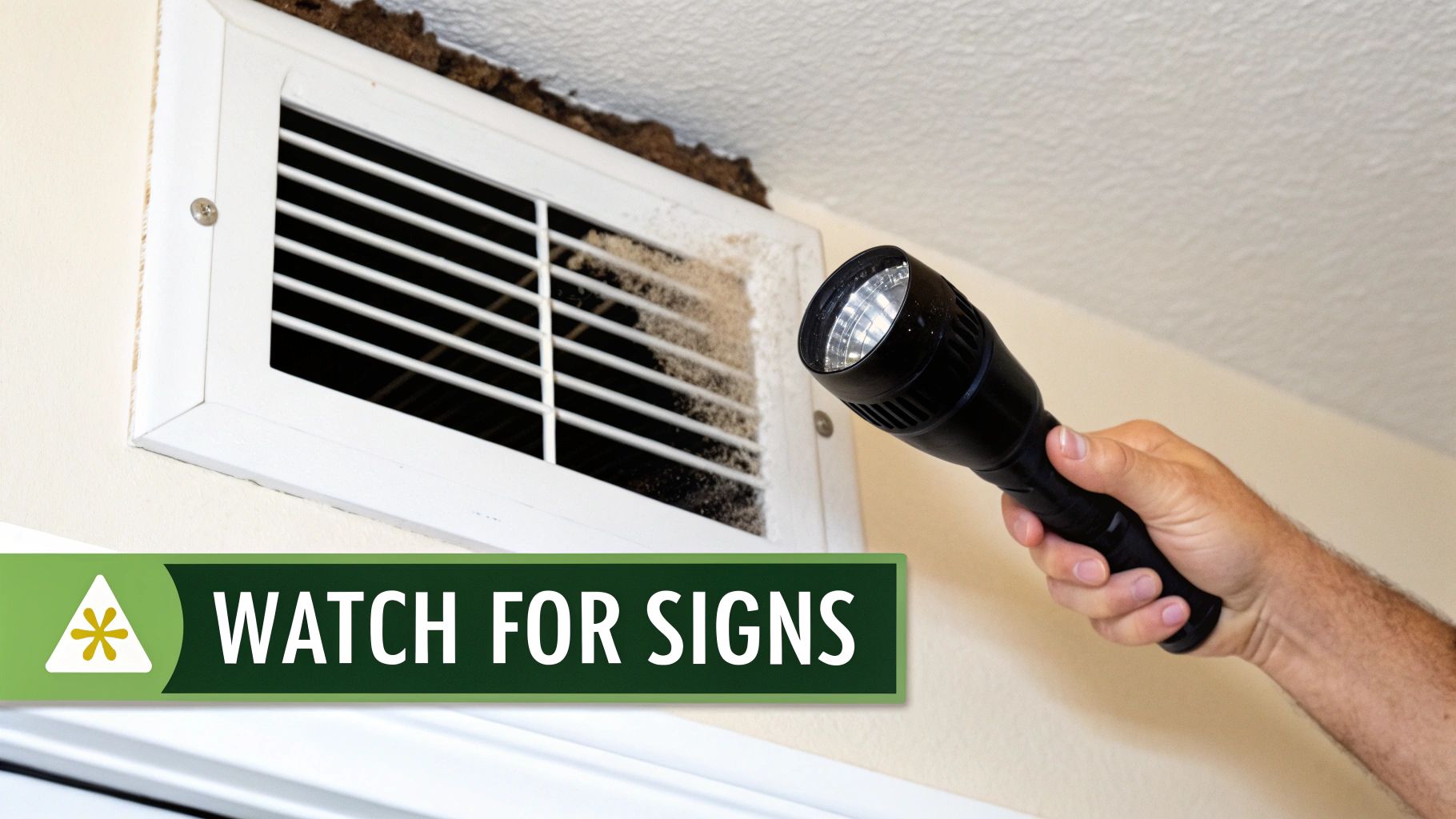 Person inspecting dirty air vent with flashlight revealing mold and dust buildup inside
