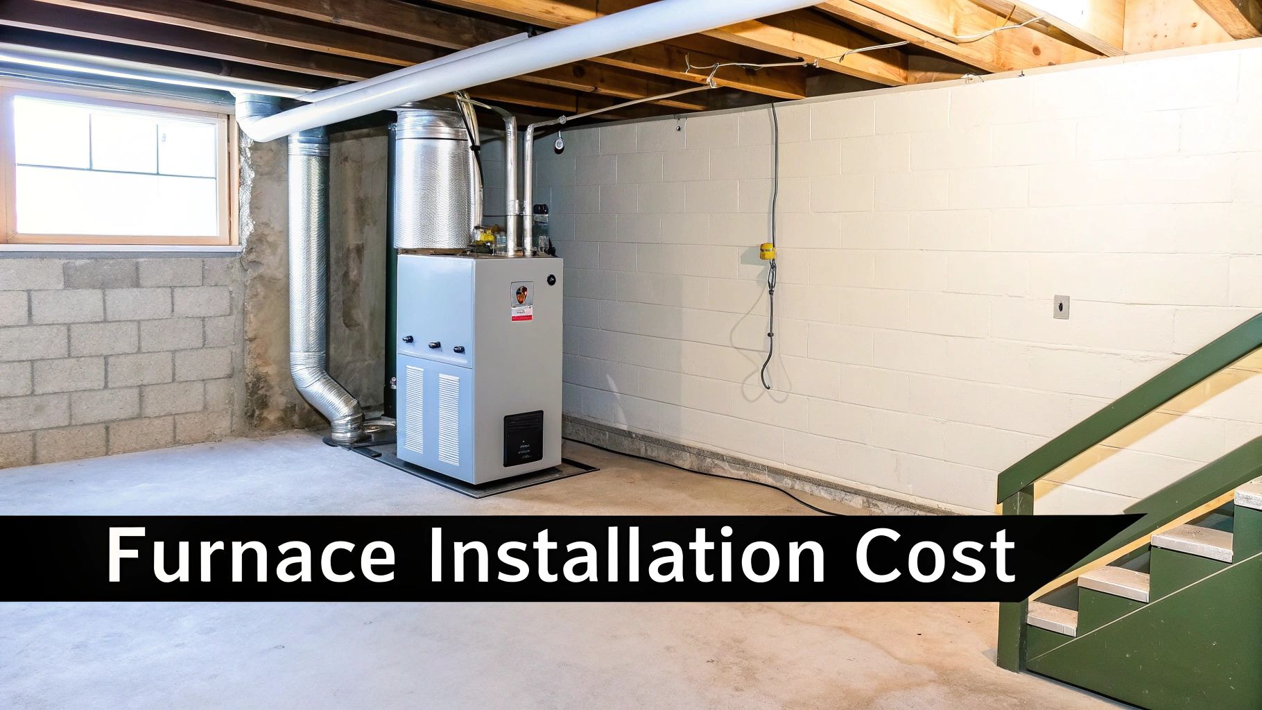 Modern gray furnace in a clean basement with concrete block walls, a window, and wooden stairs.