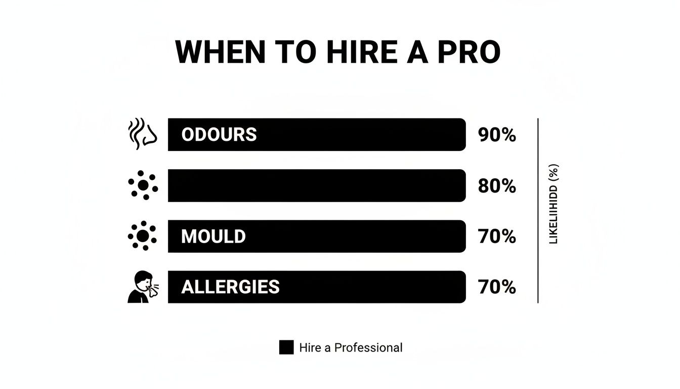 Cleaning Furnace Ducts: Your Guide to a Healthier Canadian Home 3 Bar chart illustrating when to hire a professional for odours (90%), dust (80%), mould (70%), and allergies (70%).