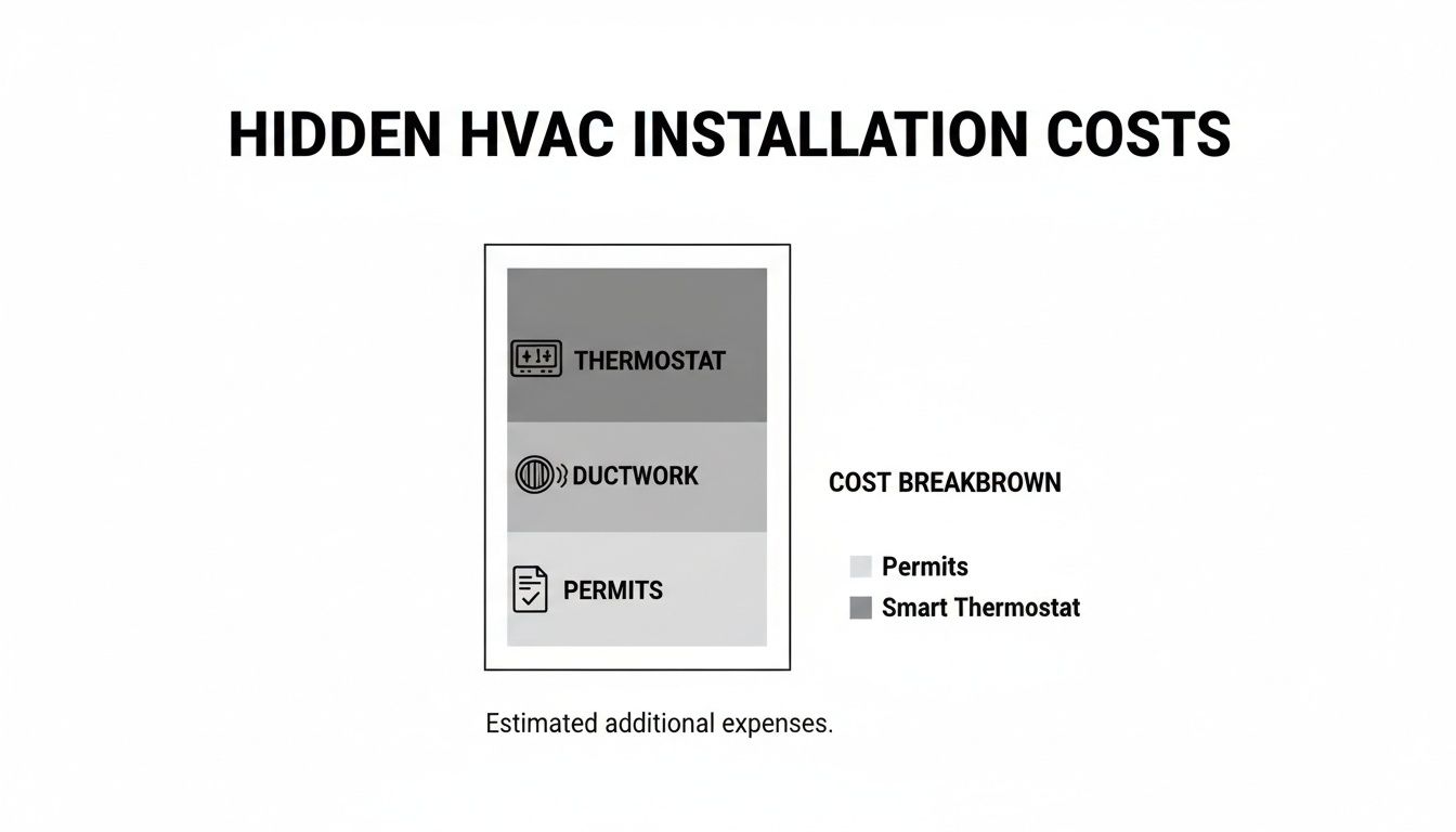 An infographic titled 'Hidden HVAC Installation Costs' detailing thermostat, ductwork, and permits as additional expenses.