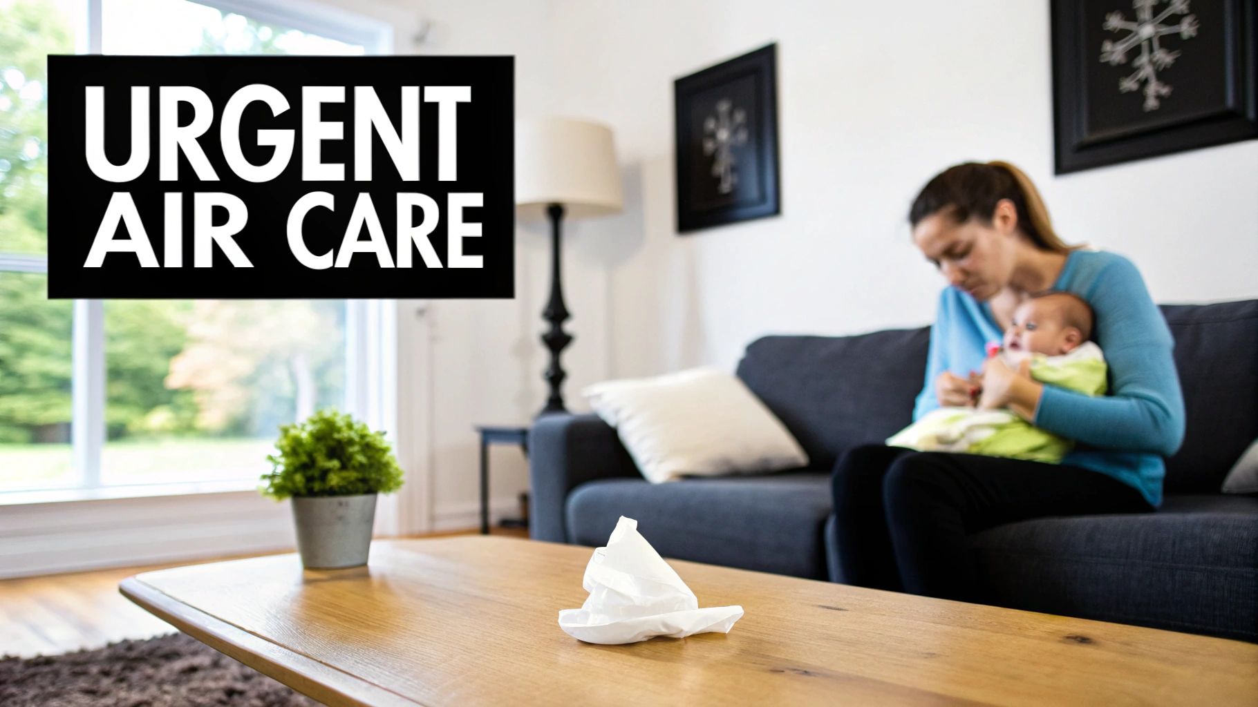 A woman holds a baby on a sofa, with a crumpled tissue on a table and 'URGENT AIR CARE' text.