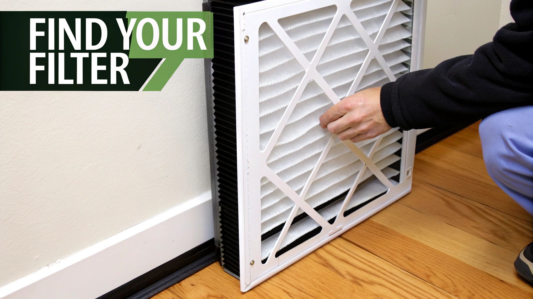A person's hand demonstrates removing a white pleated air filter from an HVAC system.