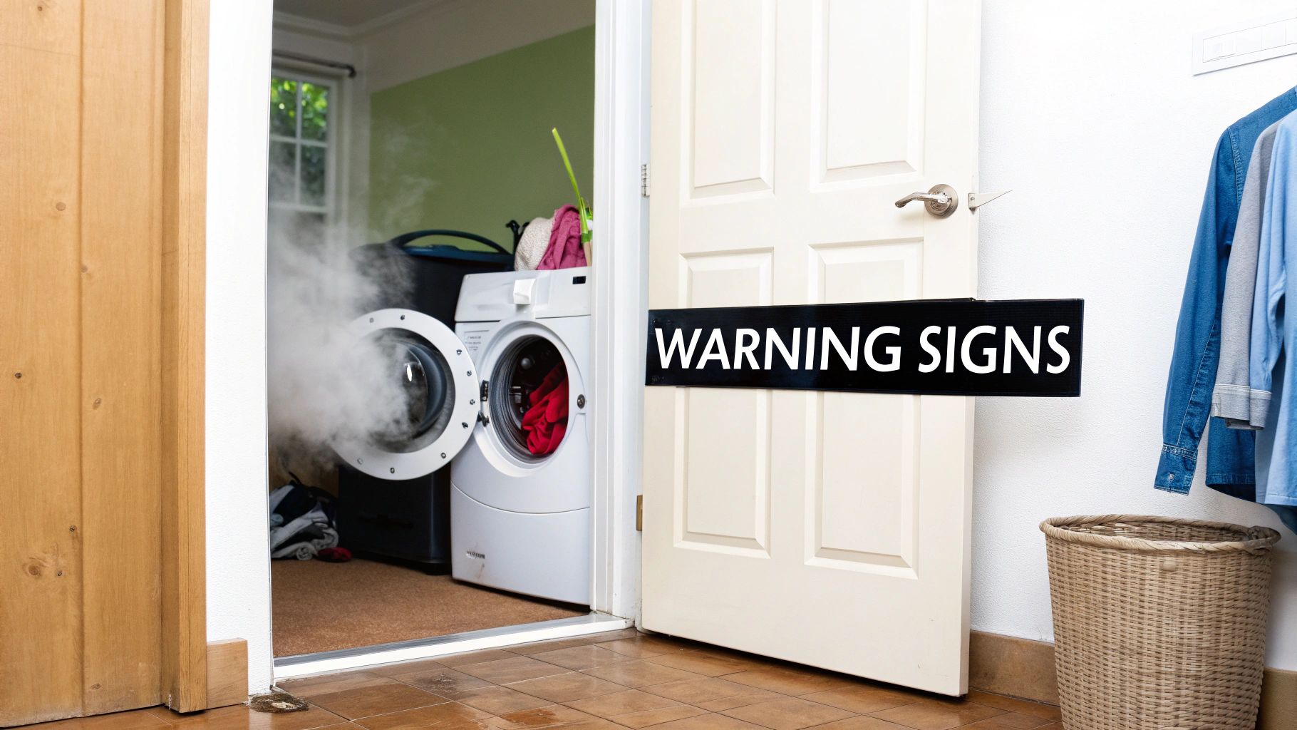 A malfunctioning washing machine emits smoke and water, with a "WARNING SIGNS" banner on the door.