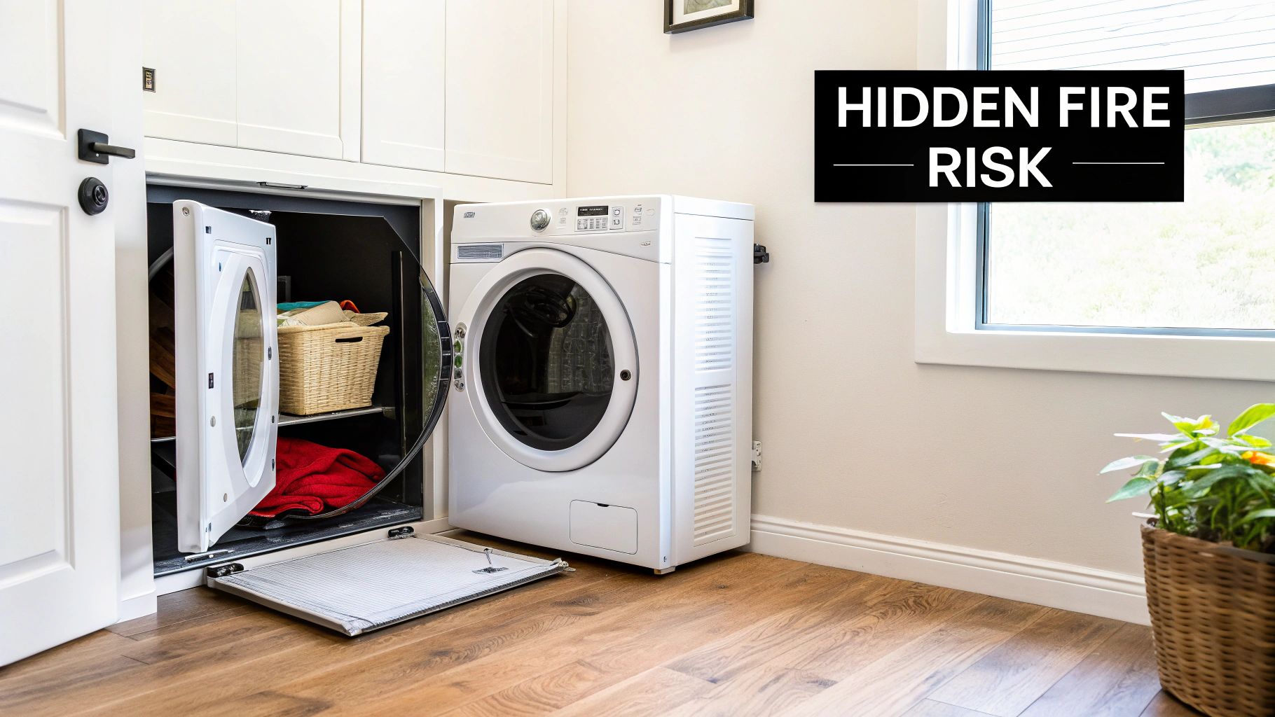 Dryer Duct Cleaning: Essential Guide to Prevent Fires and Save Energy 1 Lint trap in front of a white dryer and hidden laundry compartment, indicating a hidden fire risk.