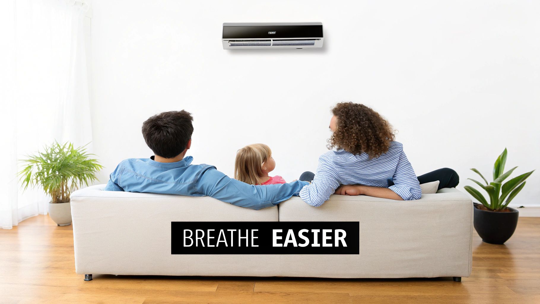 A family of three relaxes on a sofa, looking up at an air conditioner on a white wall. Text overlay reads 'BREATHE EASIER'.