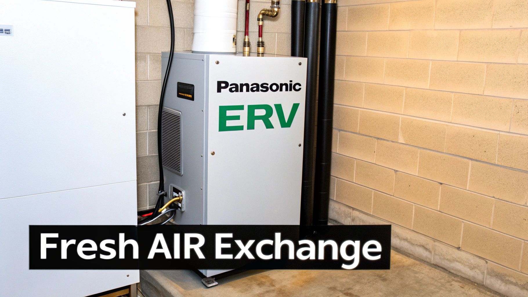 A Panasonic Energy Recovery Ventilator (ERV) unit with a 'Fresh AIR Exchange' sign in a utility room.