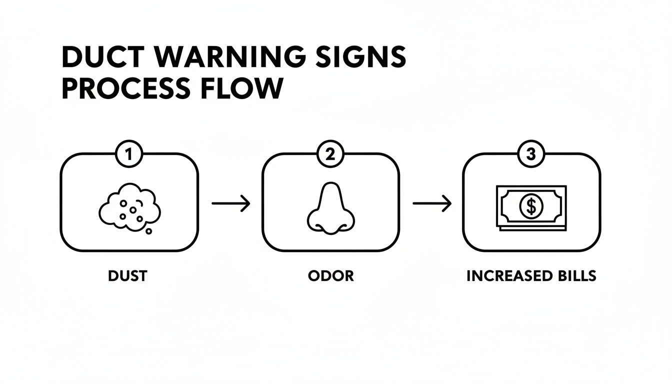 A process flow diagram illustrating duct warning signs: dust, odor, and increased bills.