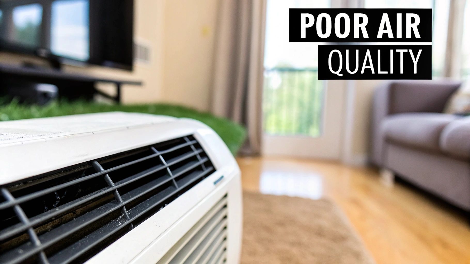 A person's hand using a vacuum brush to clean the dust from an air conditioner vent cover.