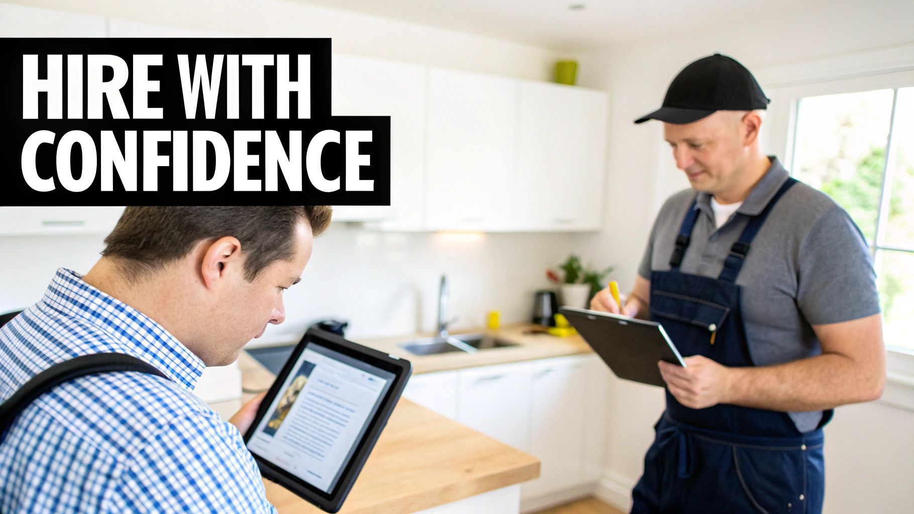 A certified technician showing a homeowner the inside of a clean air duct on a tablet.