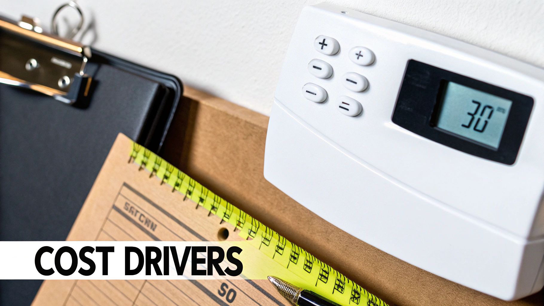A digital thermostat displaying 30 degrees, a clipboard, and a notebook with 'COST DRIVERS' text overlay.